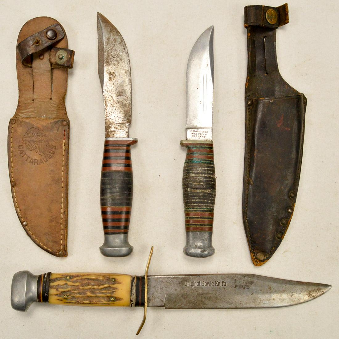 Lot of 3 Utility Knives: Lot contains 3 knives for utility use. 2 knives come with sheathes. First knife is a Sabre Monarch 171 Bowie Knife, made in Solingen, Germany. Blade has surface rust on one side and tip is slightly bl