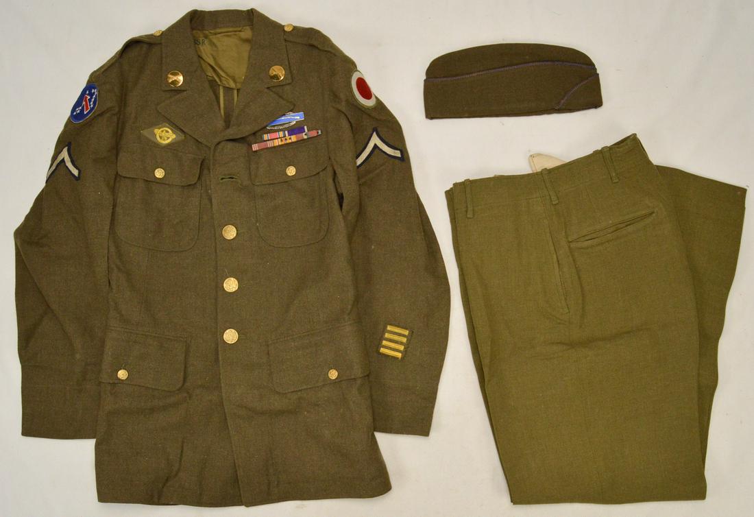 WWII US Uniform Jacket, Pants, & Overseas Cap: Lot consists of a WWII jacket with the insignia of the 37th Infantry Division and the rank of Private First Class. Jacket has the Combat Infantry Badge and several ribbon bars above the left breast po