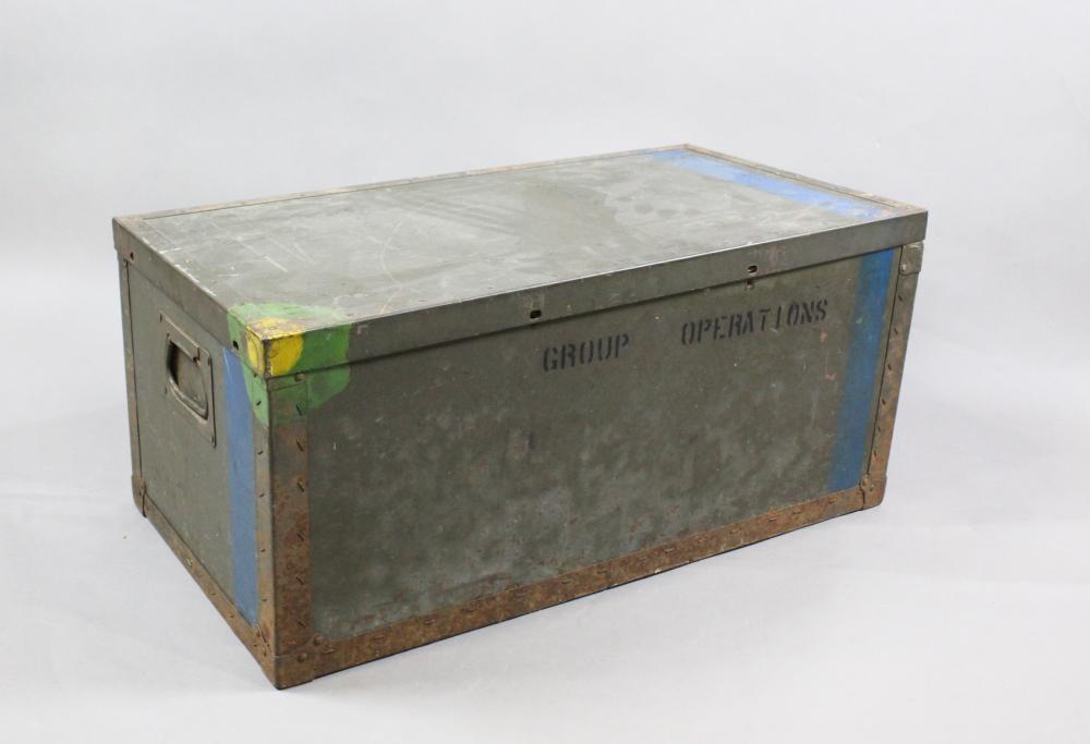 WWII US Footlocker: WWII US Footlocker. The footlocker was used to store a soldier's personal belongings during his time in the military. This footlocker has the words "Group Operations" stenciled on and has some paint o