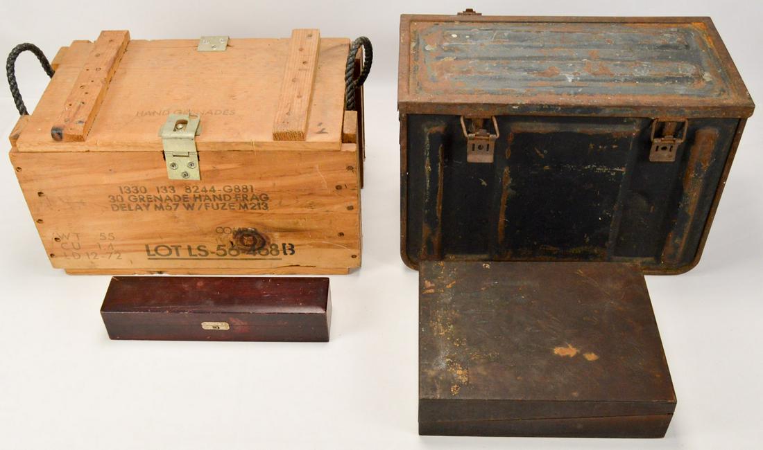 Lot of 2 Ammo Crates: Lot of 2 ammo crates. Comes with 1 wooden M67 grenade crate and a United States Navy 20mm shell metal ammo box. Wooden crate is in good condition with some wear form use. Ammo can has surface rust. Ov