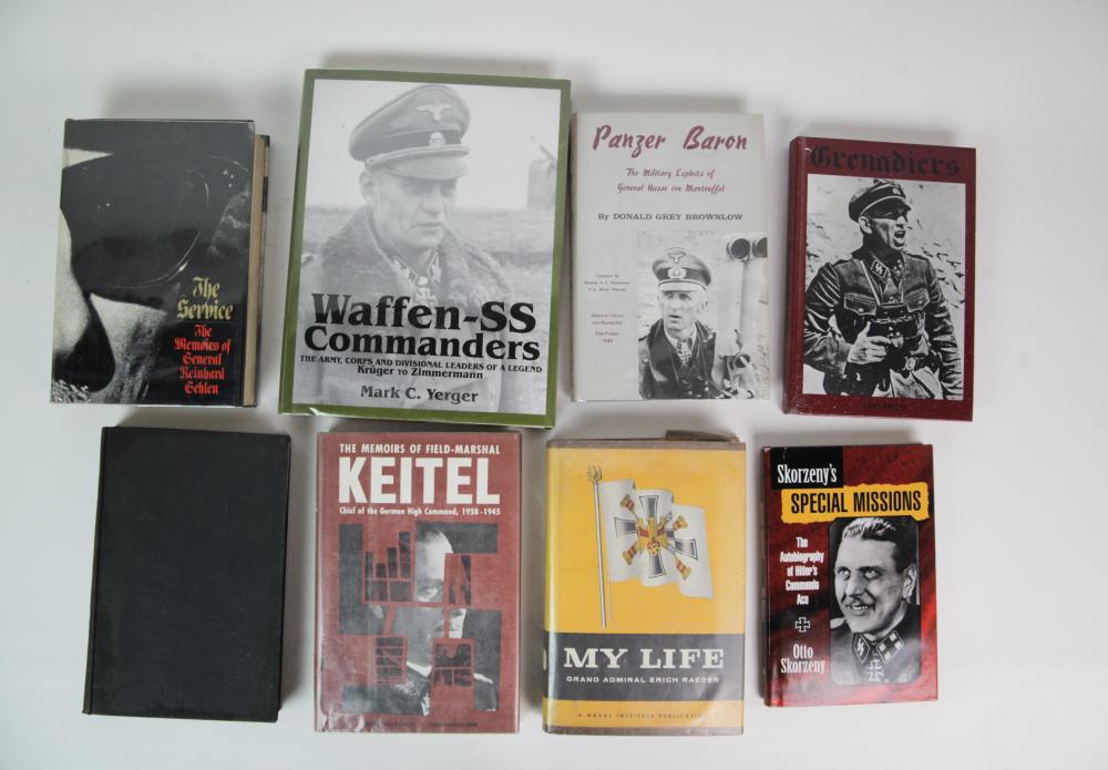 WWII Nazi Generals/Commanders Books (8): Includes: The Fatal Decisions, HC, copyright 1956, some pages separating from binding, cover has minor water damage, overall good condition, Grenadiers, HC, copyright 1994, cover and pages have water