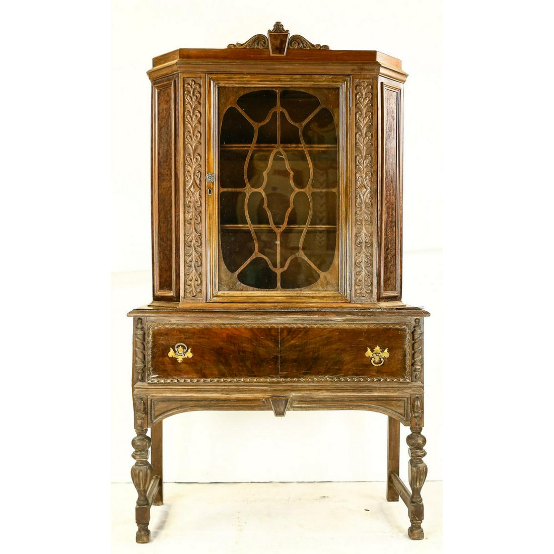 1930s Wooden Hutch: Some veneer damage, see photos. One piece. 40” wide, 16” deep, 70” tall. Shipping: After your invoice is paid, our Shipping Department will contact you with a quote for postage and handling for 