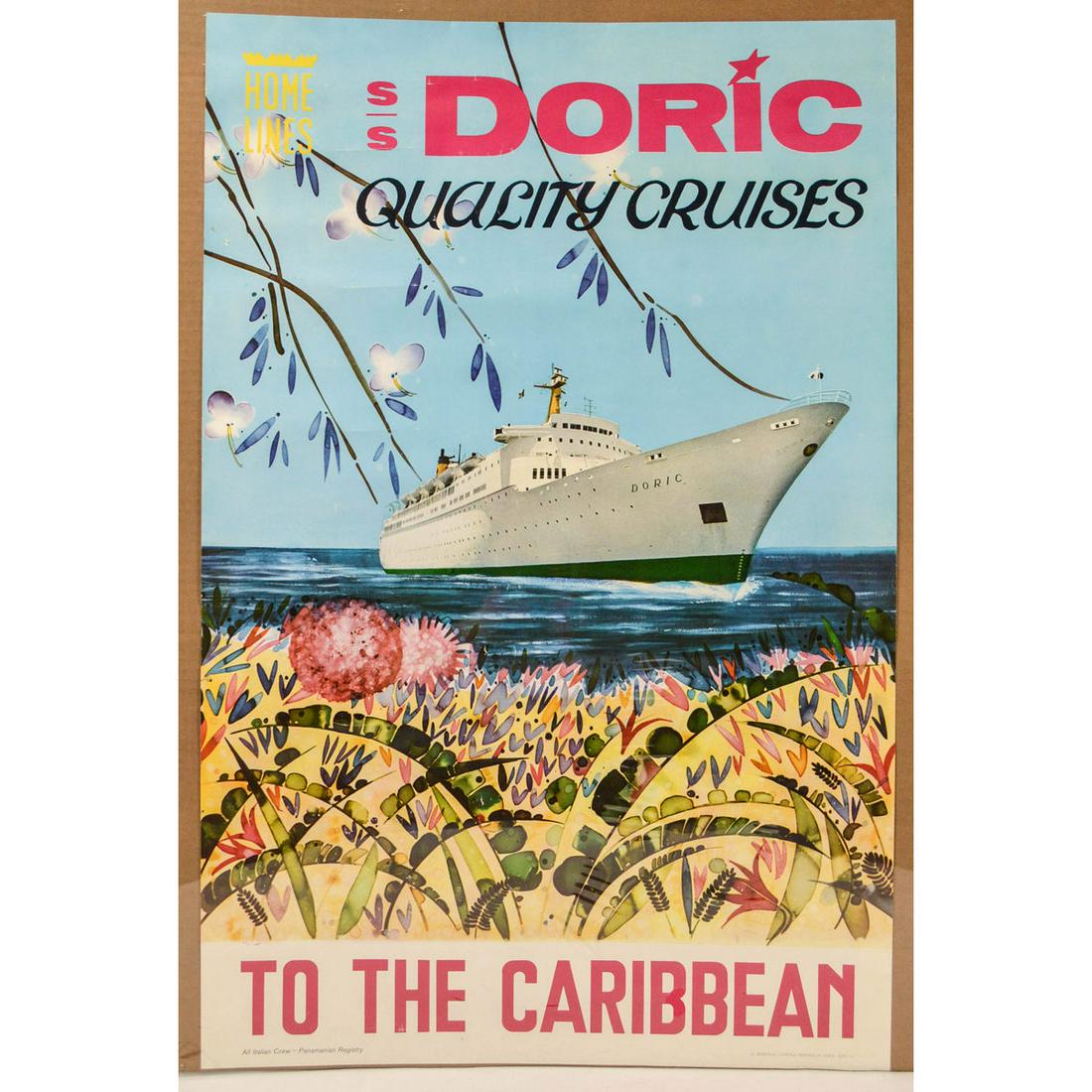 S.S. Doric Home Lines Cruise Poster Caribbean: S.S. Doric Home Lines Cruise Poster Caribbean. Poster is in good shape with some creasing and wear along edges. See photos for details. Shipping: After your invoice is paid, our Shipping Department wi