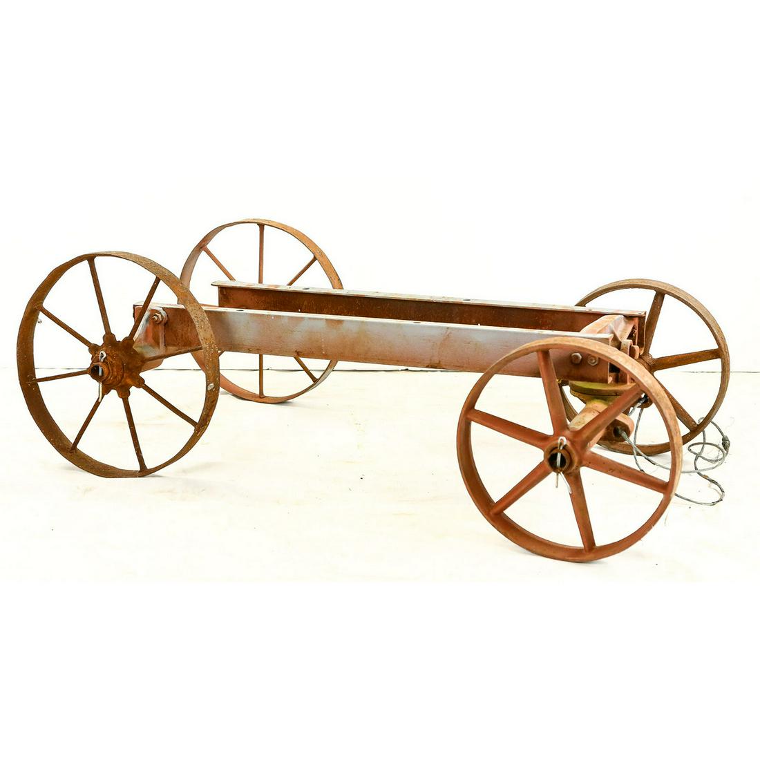 Hit N' Miss Engine Cart: This is an old small cart for a one cylinder Hit N' Miss Gas Engine. The metal is in solid shape but rusted over. Rolls good. See photos for details. Measures 48" x 24" x 16" overall. Frame is 36" x 2