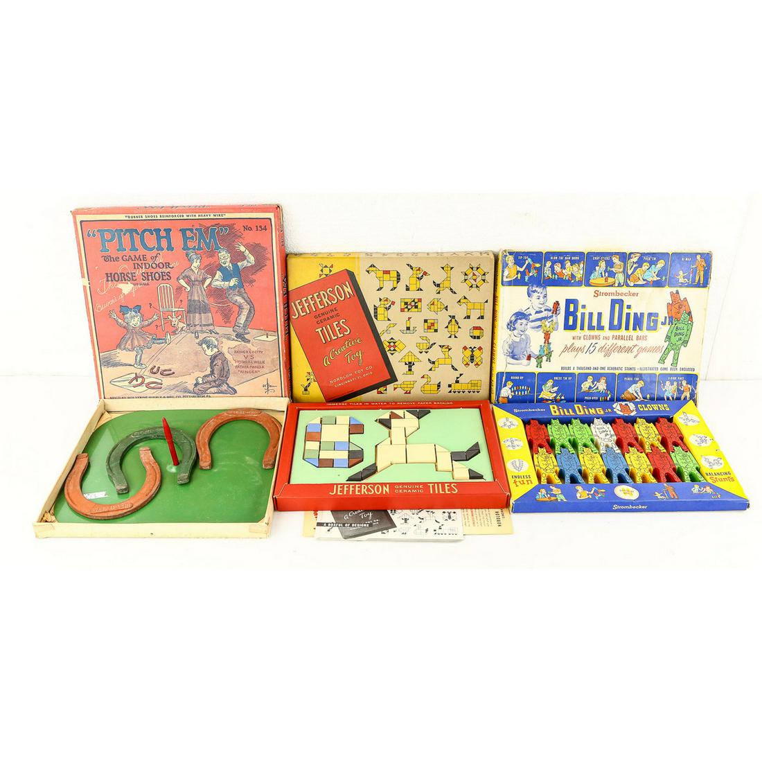 Lot of 3 Vintage Board Games, Toys: Lot of 3 Early vintage boxed board games. First, “Pitch Em” an indoor horseshoe game. Box and game in fair to good condition. Second, “Bill Ding” a building block type game by Strombecker. Box