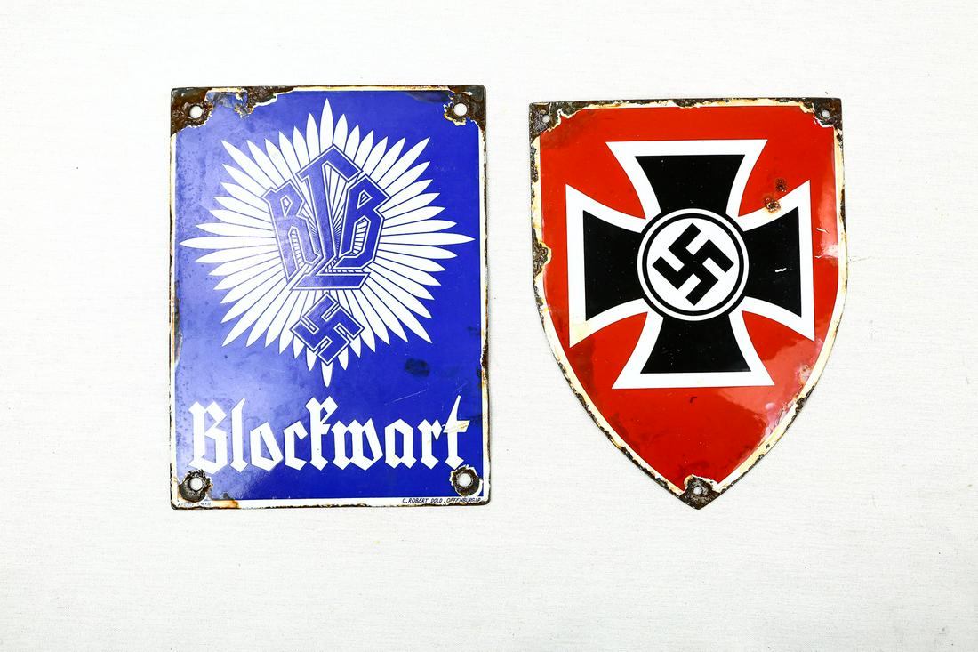 Lot of 2 WWII German Metal Signs: Lot of 2 German metal signs. One sign is from the Reichsluftschutzbund (RLB) which was the volunteer air watch group and the other is a shield that appears to be from a veteran organization. Signs hav