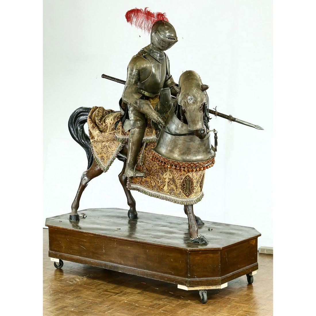 Life Size Knight in Armor on Horseback: Life Size Knight Suit of Armor is mounted on a paper mache horse also wearing armor, well made older reproduction of full suit of armor with lance, horse armor includes head and breast plate, saddle,
