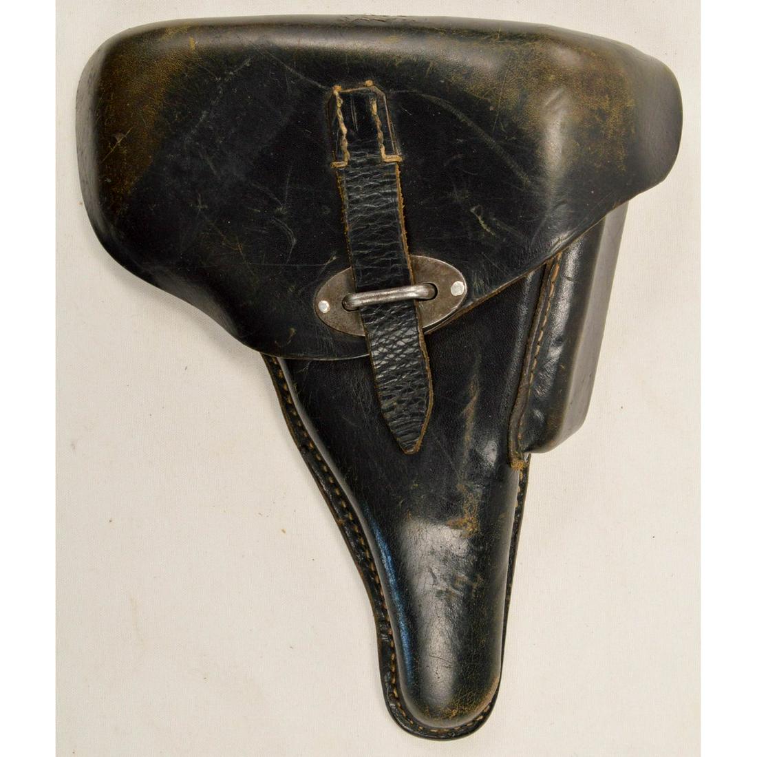 German WWII Luger P38 Holster: German WWII Luger P38 Holster. Back stamped with Waffen Eagle and "bml/43". Manufactured 1943 by bml Hans Romer, Neu Ulm. Also stamped P.38. Leather is in overall supple shape but worn. Stitching is s
