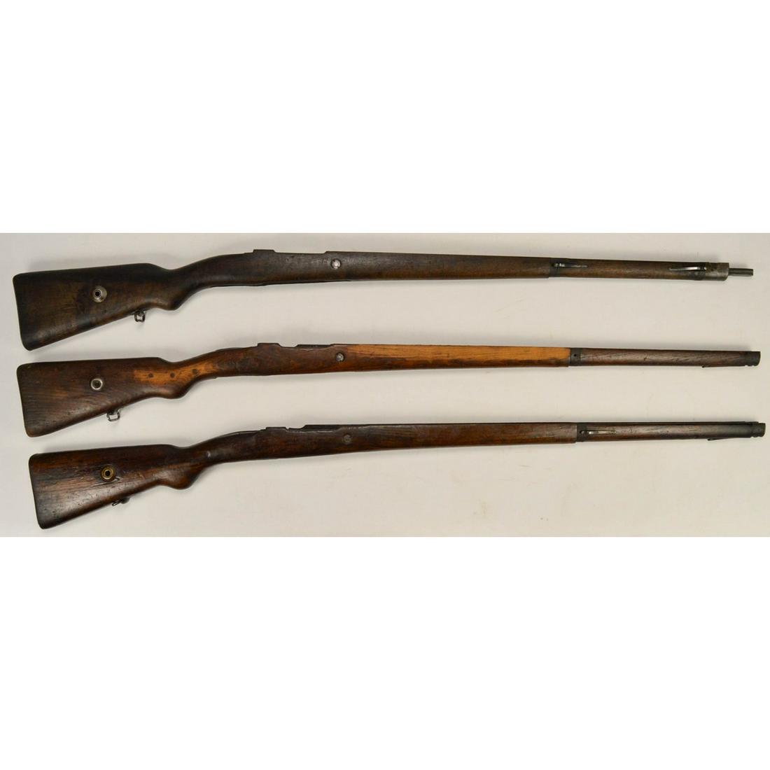 Lot of 3 Mauser Rifle Stocks: All appear to be for model 98 Mauser. Unknown country of origin. See photos. Great for restoration or build new. Some stock metal present.