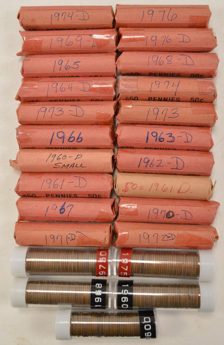 Lot of 25 Rolls of Pennies 1960-1976: Lot of 25 rolls of 50 pennies, includes 1960, 1960D, 1960P, two 1962D, 1962D, 1963D, 1964D, 1965, 1966, 1967, 1968, 1968D, 1969D, 1970D, 1971D, 1972D, 1973, 1973D, 1974, 1974D, 1975, 1975D, 1976, 1976