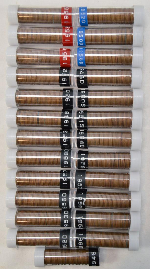 Lot of 25 Rolls of Pennies 1946-1960: Lot of 25 rolls of 50 pennies, includes 1946, 1946D, 1948, 1950, 1950D, 1950S, 1951D, 1951S, 1952, two 1952D, 1953, 1953D, 1954, 1954D, 1955D, 1956, 1956D, 1957, 1957D, 1958, two 1958D, and 1960D. Rol