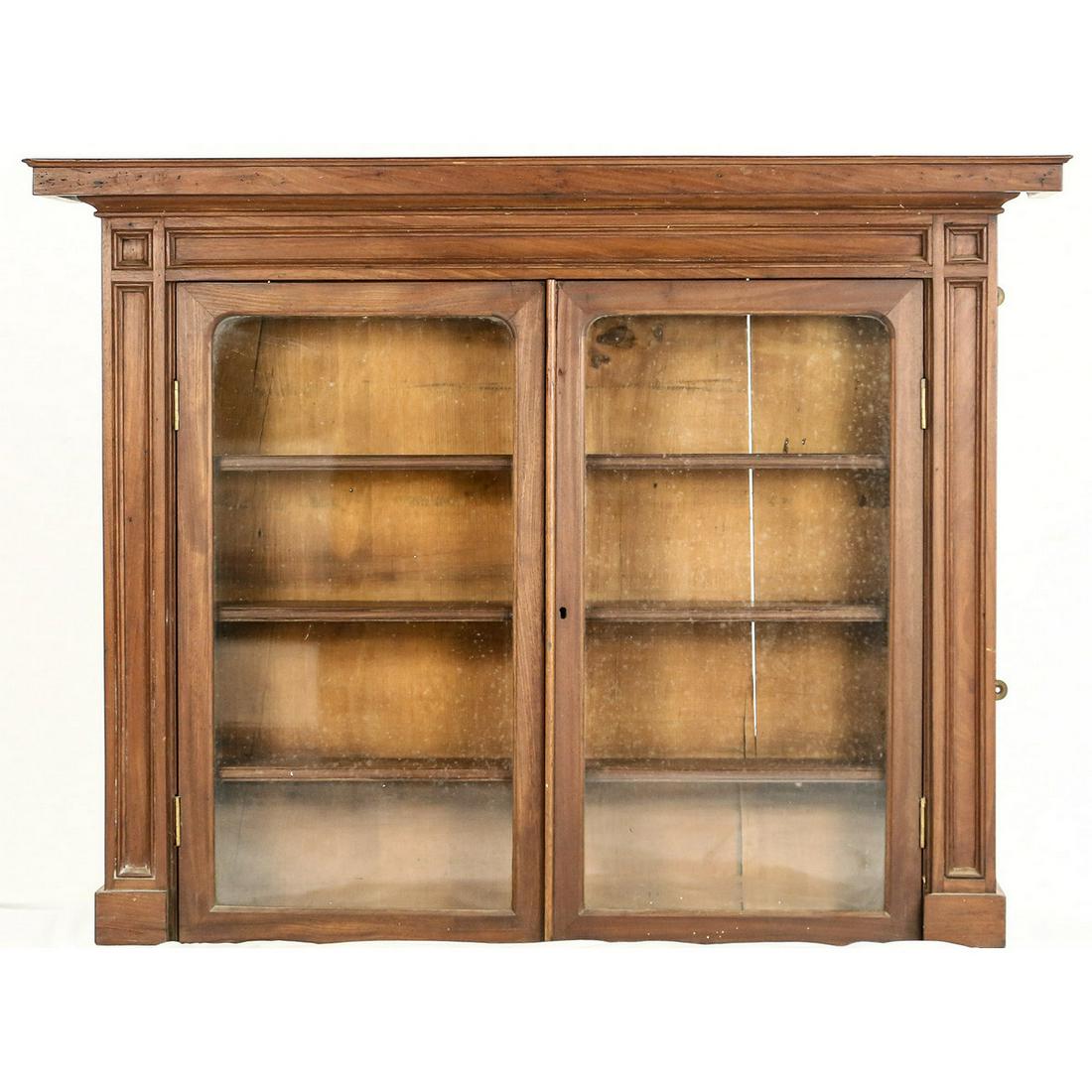 Antique Barber Shop Shaving Mug Cabinet: Antique Barber Shop Shaving Mug Cabinet, Very nice mahogany shaving mug cabinet for the old time barber shop, 3 wood shelves inside, 2 hinged glass doors in front and both sides and front are decorati