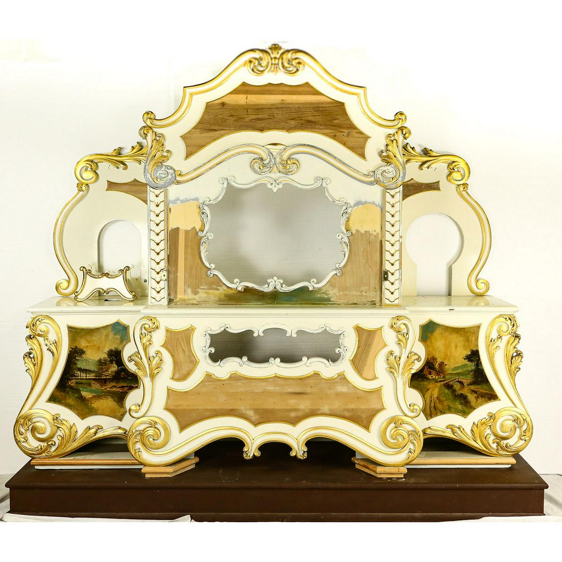 Wurlitzer 150 Band Organ Front Surround: Complete front surround for a Wurlitzer 150 band organ. Surround was half way through restoration when the owner passed. Comes with 1 drum frame, xylophone rack, and wood pipes in rack. Overall measur