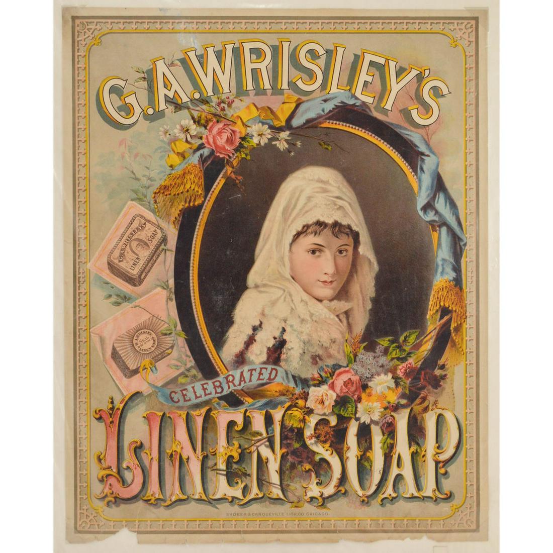 Antique Country Store Paper Poster "Linen Soap": Antique Country Store Paper Poster "Linen Soap", Antique paper litho poster advertising Linen Soap, extremely colorful, rare poster, a few tears along lower edge, framing should take care of majority,