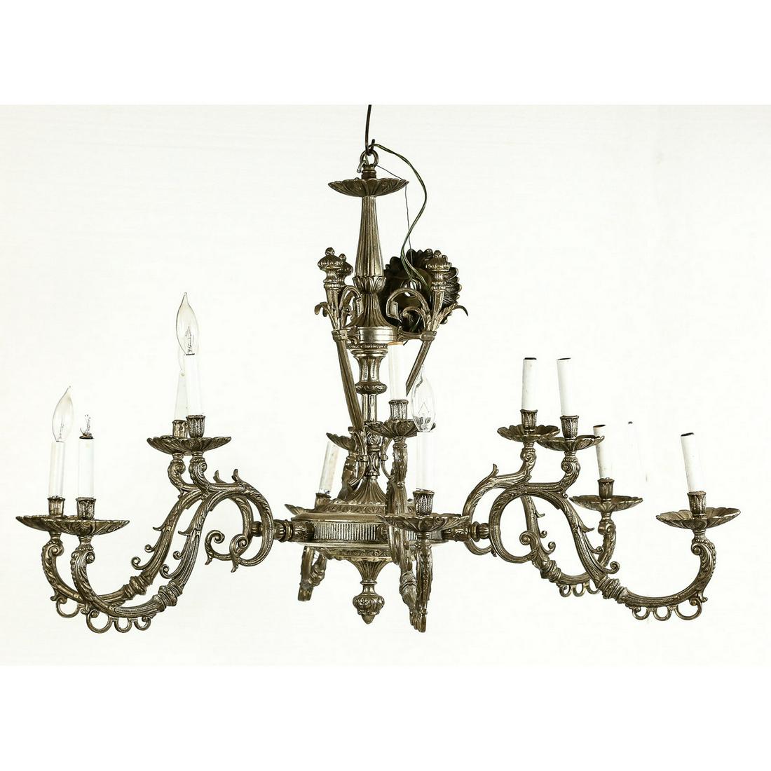 Exquisite Electric 6 Arm Very Ornate Chandelier: Exquisite Electric 6 Arm Extremely Ornate Chandelier, A fabulous cast metal 6 arm chandelier with 12 candlestick lights, maker and age are unknown but heavy, well built ceiling light with designs thro