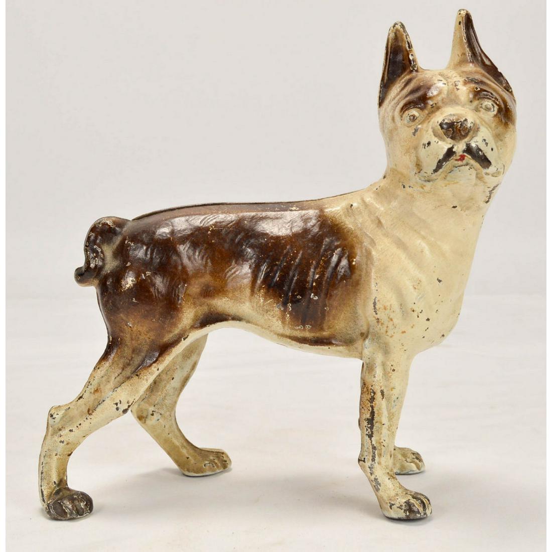 Cast Iron Boston Terrier Doorstop: Original brown and white paint, shows wear. Measures 9 3/4" to top of ear.
