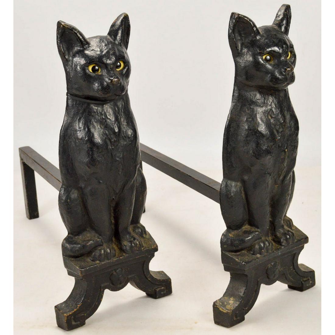 Pair Of Cast Iron Cat Irons green glass eyes: Pair Of Cast Iron Cat Irons, With green glass eyes.17" x 7.25" x 18" with stand