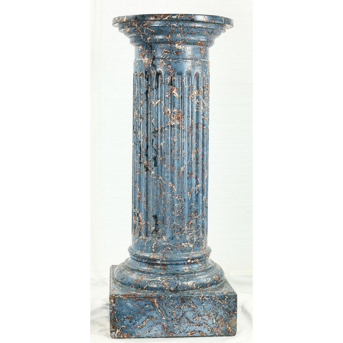 Pottery Roman Column Pedestal: Pottery Roman Column Pedestal. Interesting pedestal made from a fired clay very similar to the multicolor blue swirl clay used in Niloak pottery. In overall good presentable condition, but there has b