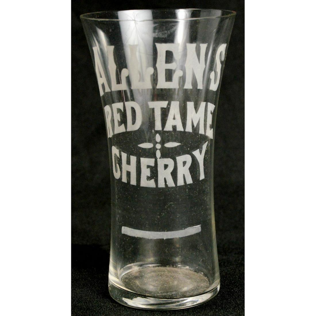 Allens Red Tame Cherry Soda Drinking Glass: Vintage hour glass shaped soda fountain drinking glass advertising Allens Red Tame Cherry. Name is acid etched. In VG condition. Measures 5" tall.