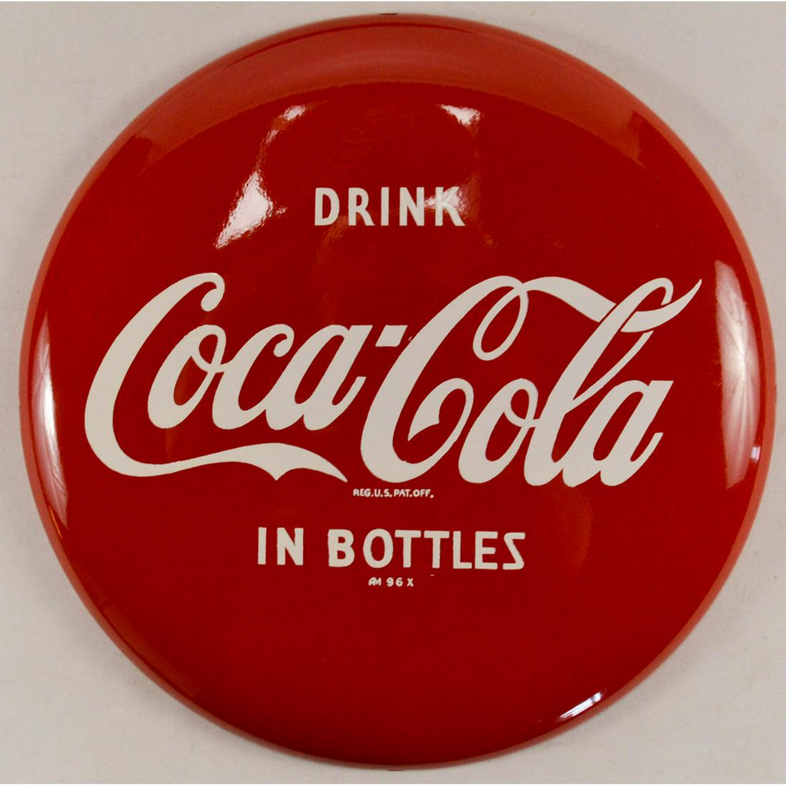 12" Coca-Cola Button (Disc) Sign: NOS. From original shipping box. In bottles version. From the estate of Cecil Aubrey Ward. Cecil Aubrey Ward was born on April 17, 1924. Cecil was a life-long employee of the Coca-Cola Company of Atla