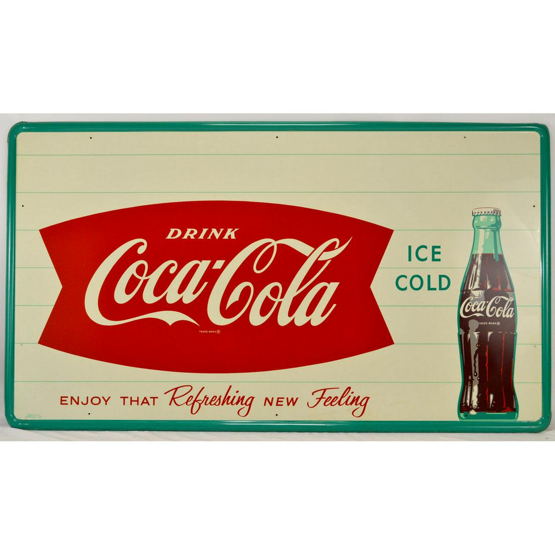 Large Coca-Cola Fishtail Bottle Sign: NOS Measures 55" x 32. Near mint. Marked Robertson- 006. See photos. From the estate of Cecil Aubrey Ward. Cecil Aubrey Ward was born on April 17, 1924. Cecil was a life-long employee of the Coca-Cola