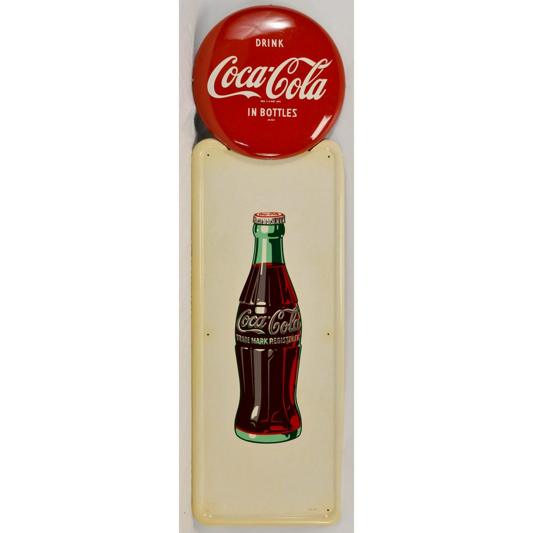 Coca-Cola Bottle Pilaster Sign: NOS Bottom portion marked A-M 11-48. Minor bubbling at bottom of bottle. Button is 16" Coca-Cola In Bottles button. Reproduction brackets. From the estate of Cecil Aubrey Ward. Cecil Aubrey Ward was b