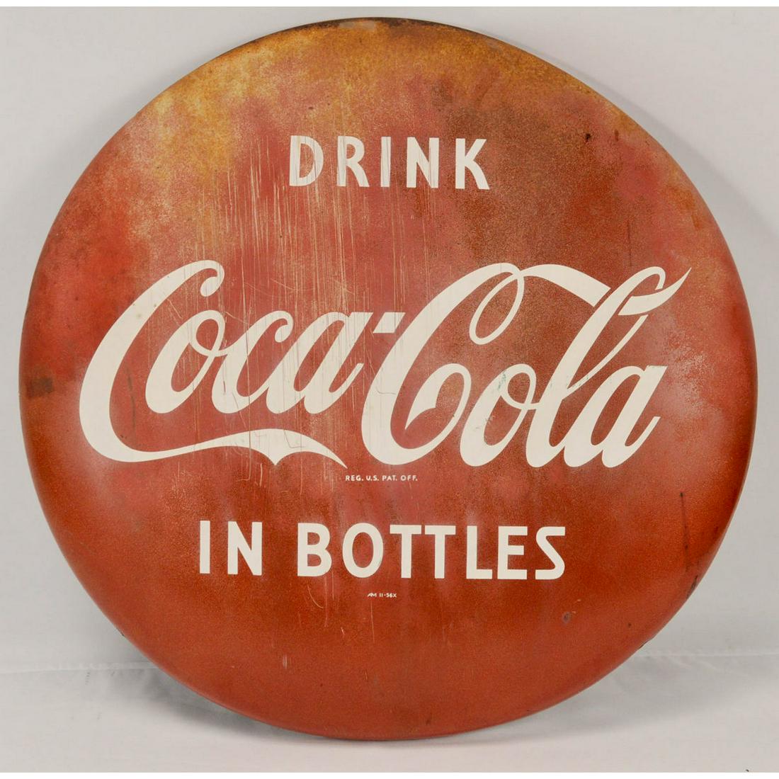 Vintage Original Drink Coca-Cola 24" Button Sign: Vintage Original Drink Coca-Cola 24" Button Sign, Original 24" metal painted button sign advertising Drink Coca-Cola in bottles, circa 1956, has some surface rust along top, some fading throughout, so