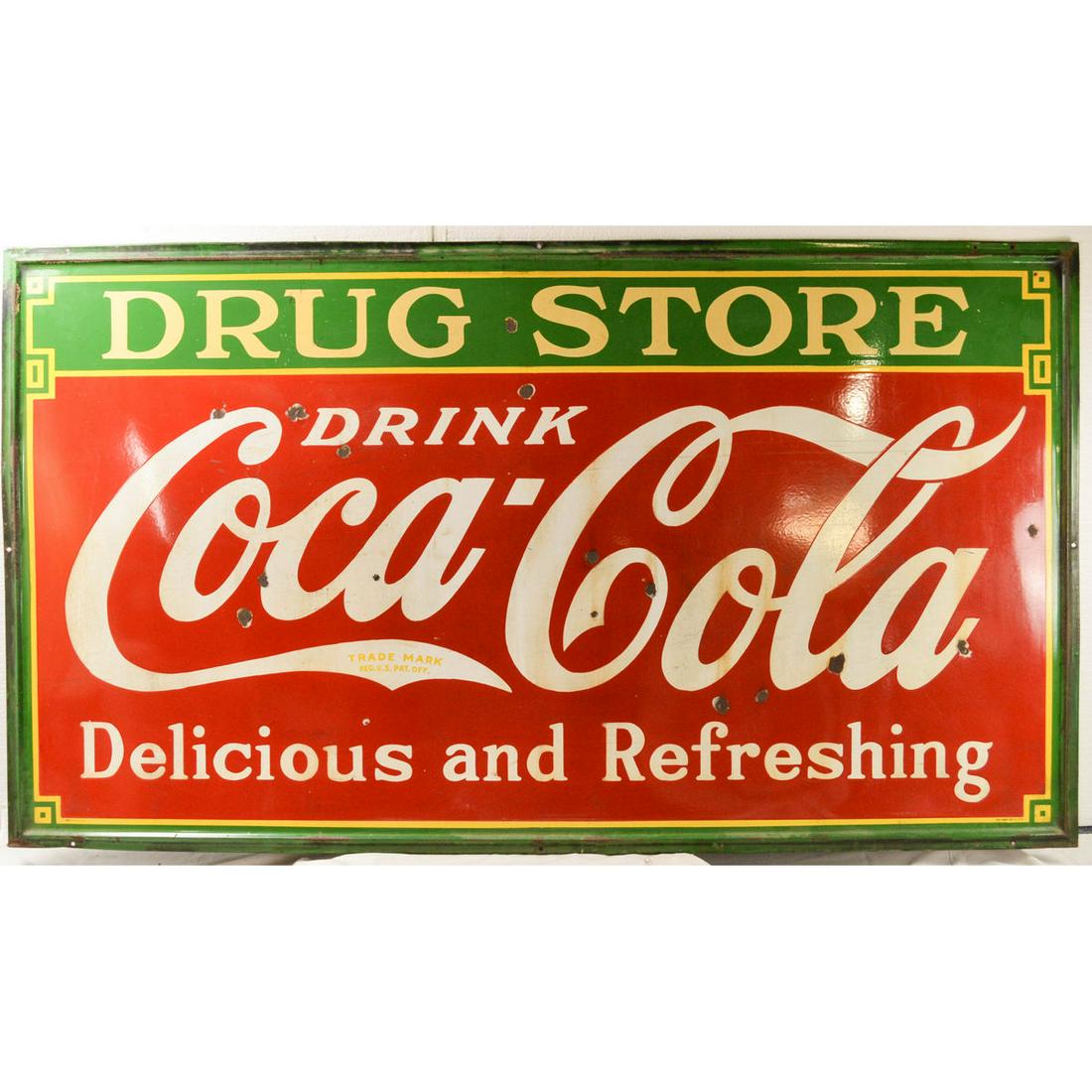 Vintage Large Coca-Cola Porcelain Outdoor Sign: Vintage Large Coca-Cola Porcelain Outdoor Sign, Large porcelain outdoor sign that probably hung on the outside wall of an old drug store, some porcelain chipping along outer border edge, some quarter
