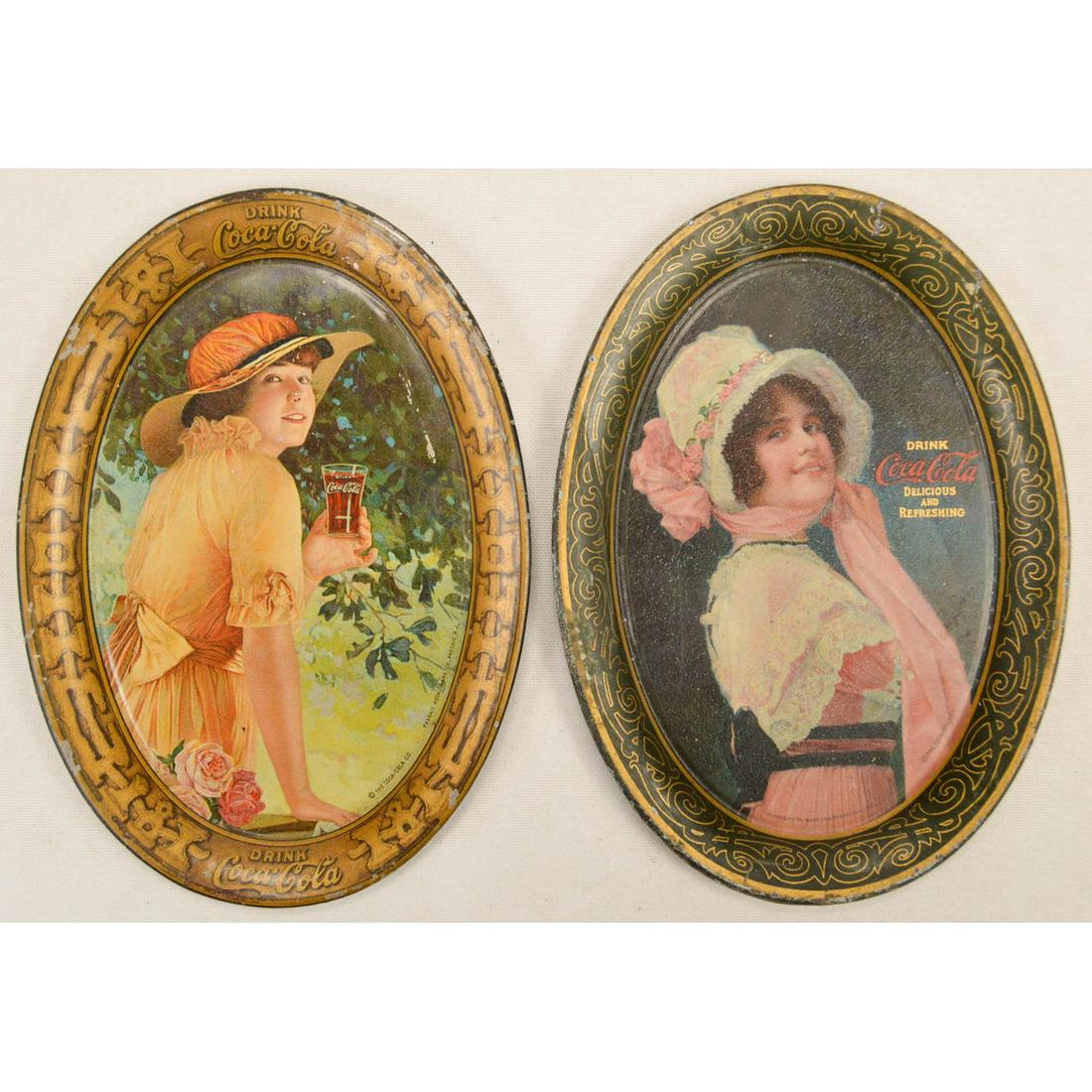 Lot of 2 Very Early Coca-Cola Tip Trays: Lot of 2 Very Early Coca-Cola Tip Trays, Lot of 2 tin tip trays, first a 1916 Elaine tray in very good condition with just a small amount of edge wear, second a 1914 Betty tray in very good condition 