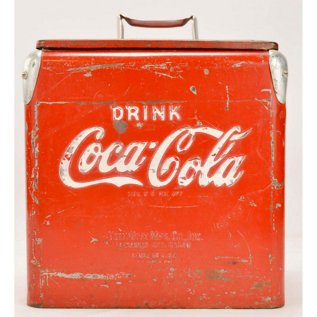 Vintage 1950s Coca-Cola Six Pack Carrier: Vintage 1950s Coca-Cola Six Pack Carrier, Original Coca-Cola six pack cooler with embossed sides and with all the hardware, corner caps, bottle opener, etc., a few usual scuffs, scratches and a couple