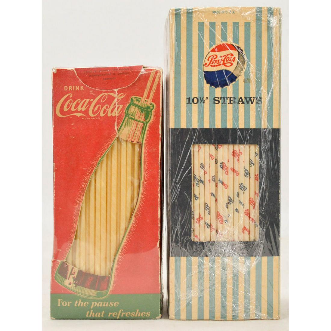 Lot of 2 Vintage Coca-Cola & Pepsi Full Straw Boxe: Lot of 2 Vintage Coca-Cola & Pepsi Cola Full Straw Boxes, Lot of 2 vintage straw boxes, first an early box of straws, full, advertising Coca-Cola, has some edge wear, several creases, does have the to