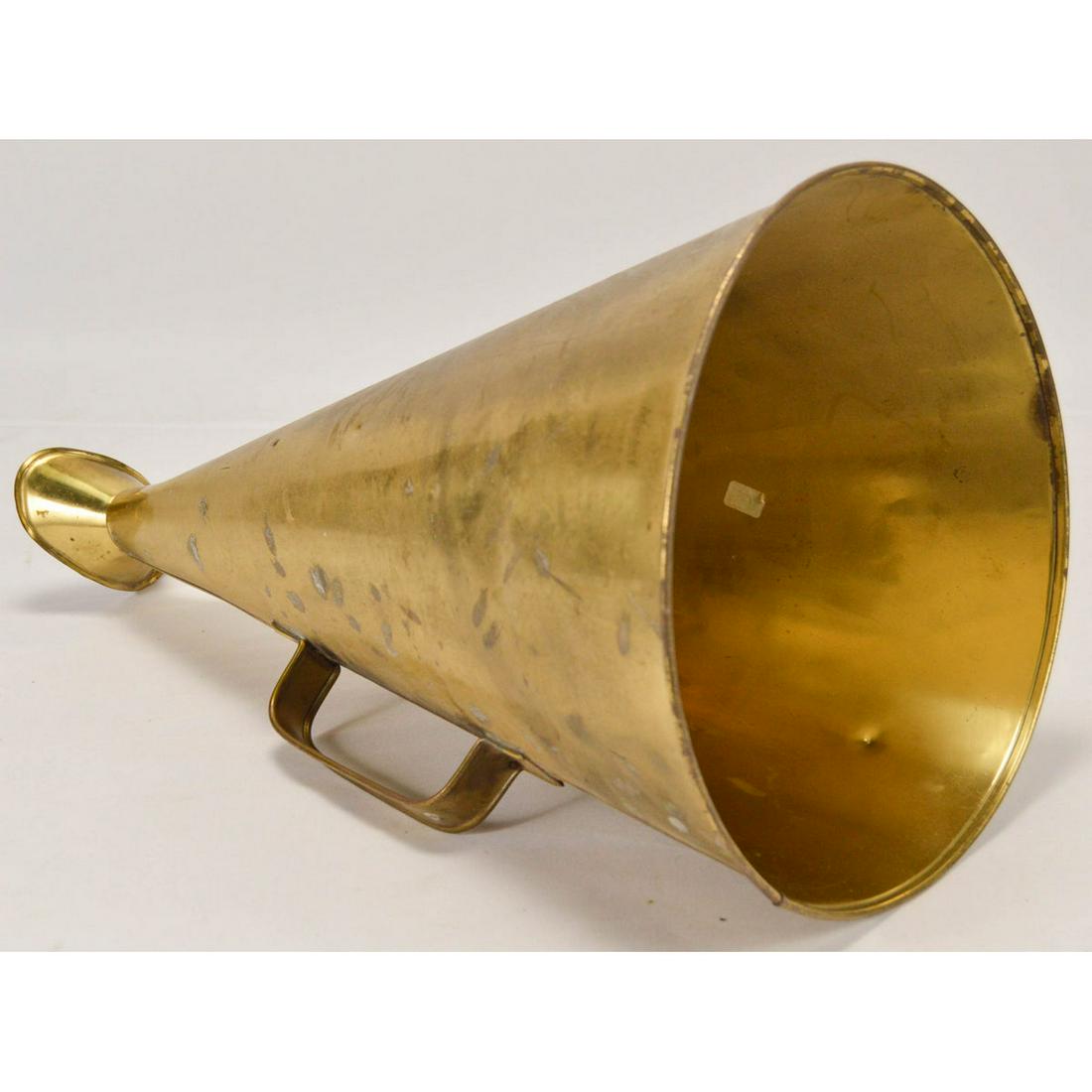 Brass Fireman's Megaphone: Brass Fireman's Megaphone, brass hand-held megaphone, some light dents and dings, some light scuffs and scratches, not vintage, overall fair condition. 19.5" x 10"