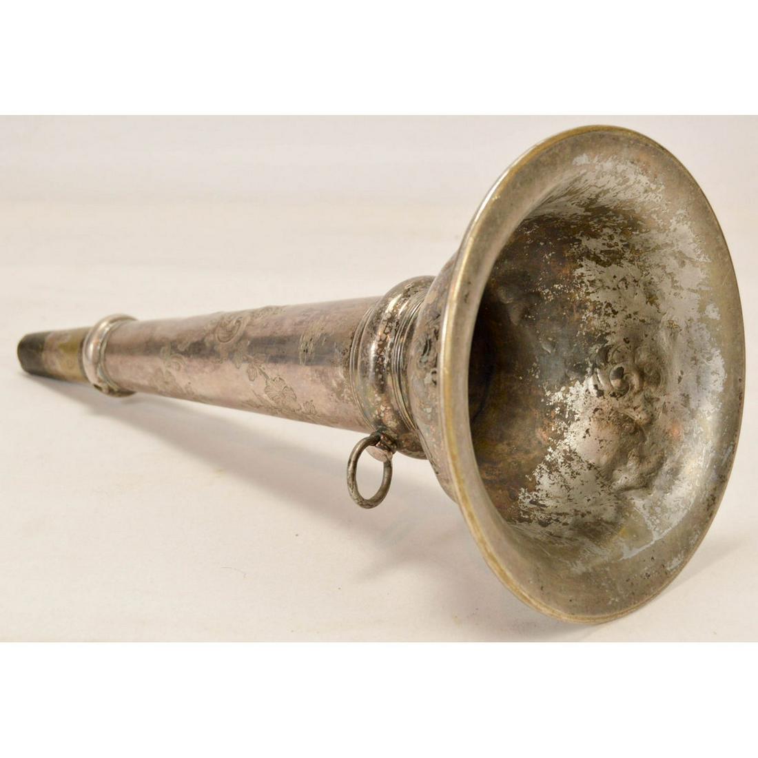 Presentation Fire Horn Nickel Over Brass: Presentation Fire Horn Nickel Over Brass , Fire pump, helmet and ladders engraved, all hand chased, missing mouthpiece.