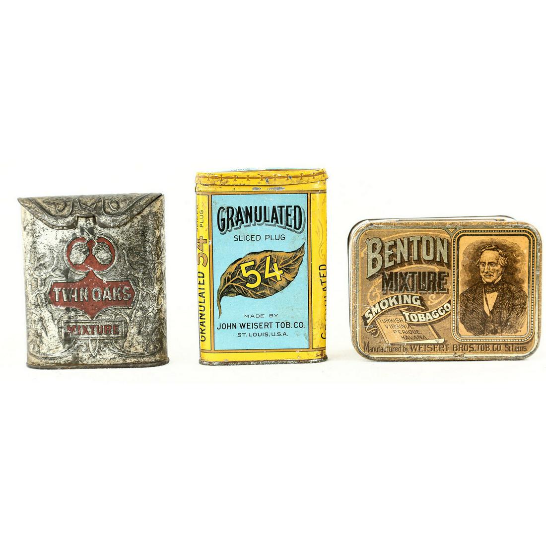 3 Vintage Tobacco Tins Benton Twin Oaks & 54: 3 vintage tobacco tins. First small tin advertising Benton Smoking Tobacco in very good condition with just a few light scuffs and scratches. 4 1/2" wide x 3 1/4" high. Second a pocket tin advertising