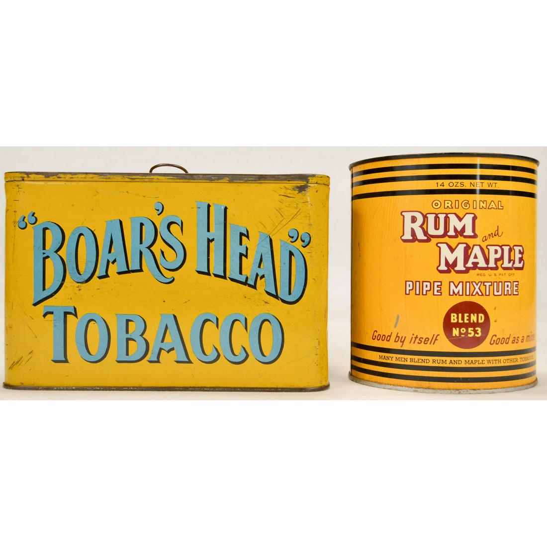 Lot of 2 Vintage Country Store Tobacco Tins: Lot of 2 Vintage Country Store Tobacco Tins Boar's Head And Rum Maple, Lot of 2 vintage tobacco tins, first a bucket or lunch pail style tin advertising Boar's Head Tobacco, has a few small dings, col