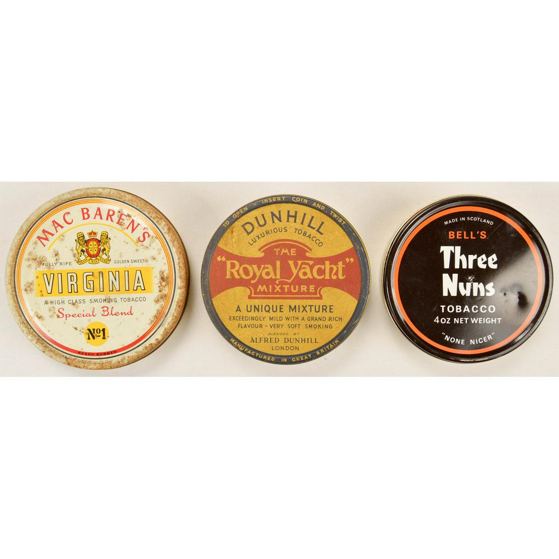 Lot of 3 Vintage Store Tobacco Tins: Lot of 3 Vintage Store Tobacco Tins, Lot of 3 vintage small round tobacco tins with original lids and some original product inside, first Mac Baren's Virginia Blend can with some rusting to lid, secon