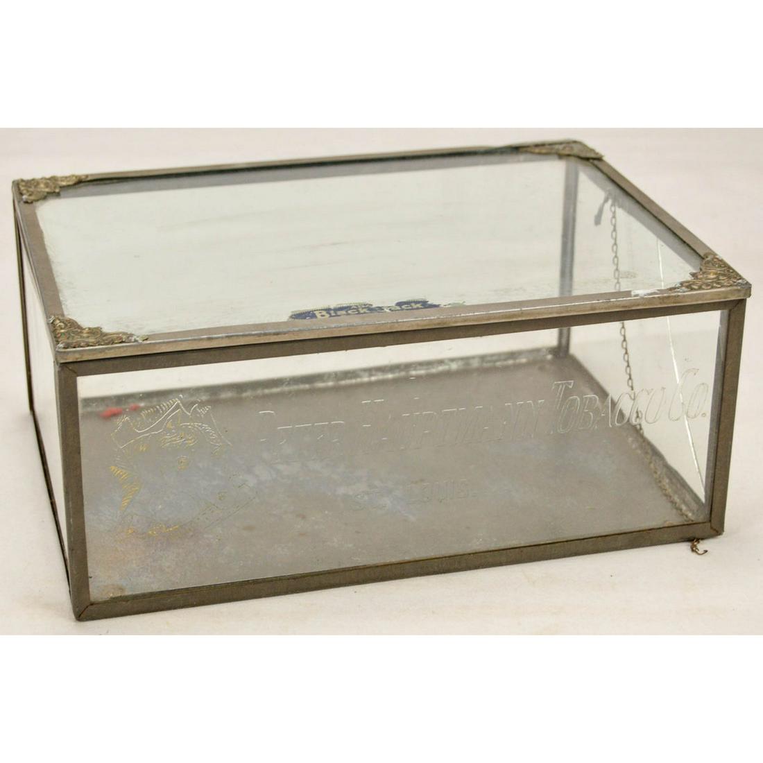 Peters Hauptmann Tobacco Company Glass Box: Peters Hauptmann Tobacco Company Glass Box, For Blackjack Chewing Gum, Saint Louis made, 1 cracked panel on side.