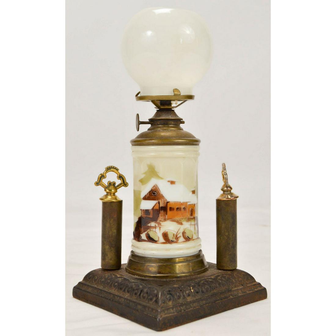 Antique Counter Top Cigar Lighter W/Hand Paint Bod: Antique Counter Top Cigar Lighter With Hand Painted Body, An early oil type cigar lighter with hand painted glass body and milk glass globe, metal base with two brass top lighter sticks, overall very 