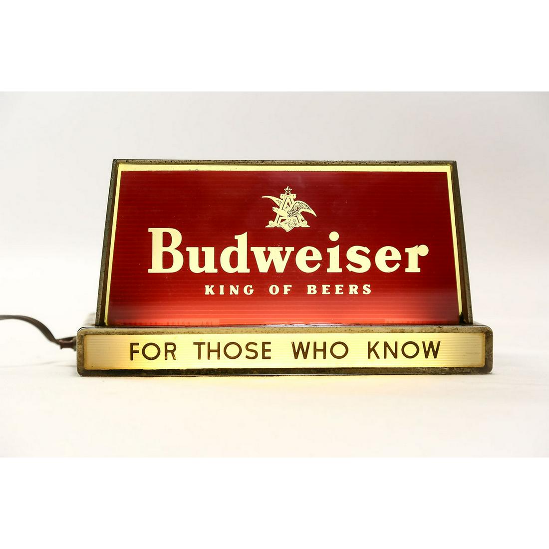 Budweiser Countertop Light Up Sign: Very scarce, rarely seen counter top Budweiser sign. Sign lights up and works. Metal case holding sign has some surface rust. Overall good condition. Measures 5" x 9 1/2" x 5"