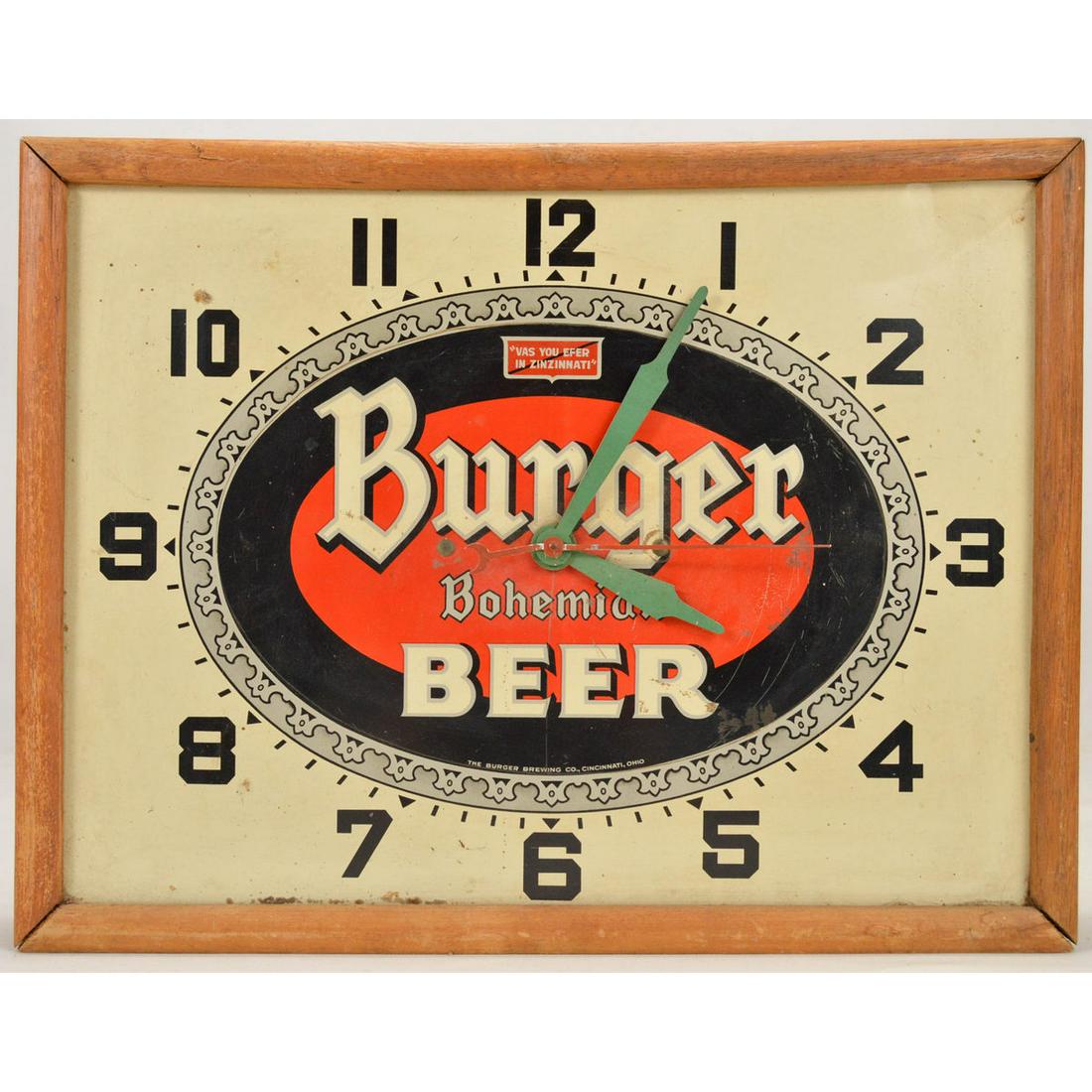 Burger Beer and American Standards Wall Clocks: Lot of 2 Vintage Advertising Wall Clocks Burger Beer and American Standard, 2 Vintage wall clocks, first Burger Beer clock with a wood frame and tin painted face, has some scuffs and scratches, not wo