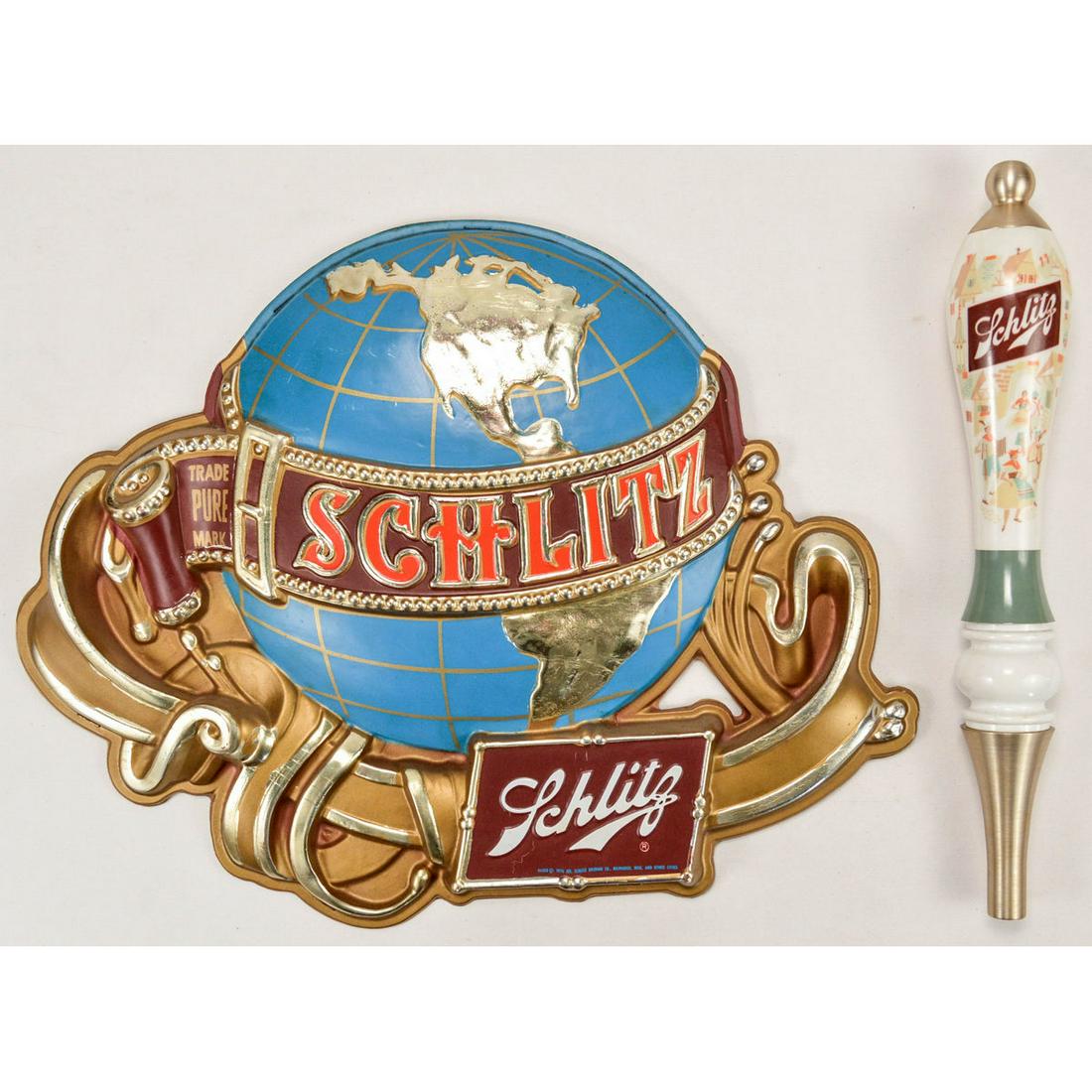 Lot of 2 Vintage Advertising Schlitz Sign & Tap Ha: Lot of 2 Vintage Advertising Schlitz Sign & Tap Handle, Lot of 2 vintage Schlitz advertising items, first a plastic world globe with ribbon plastic bar sign, colorful, this is the type of thin plastic