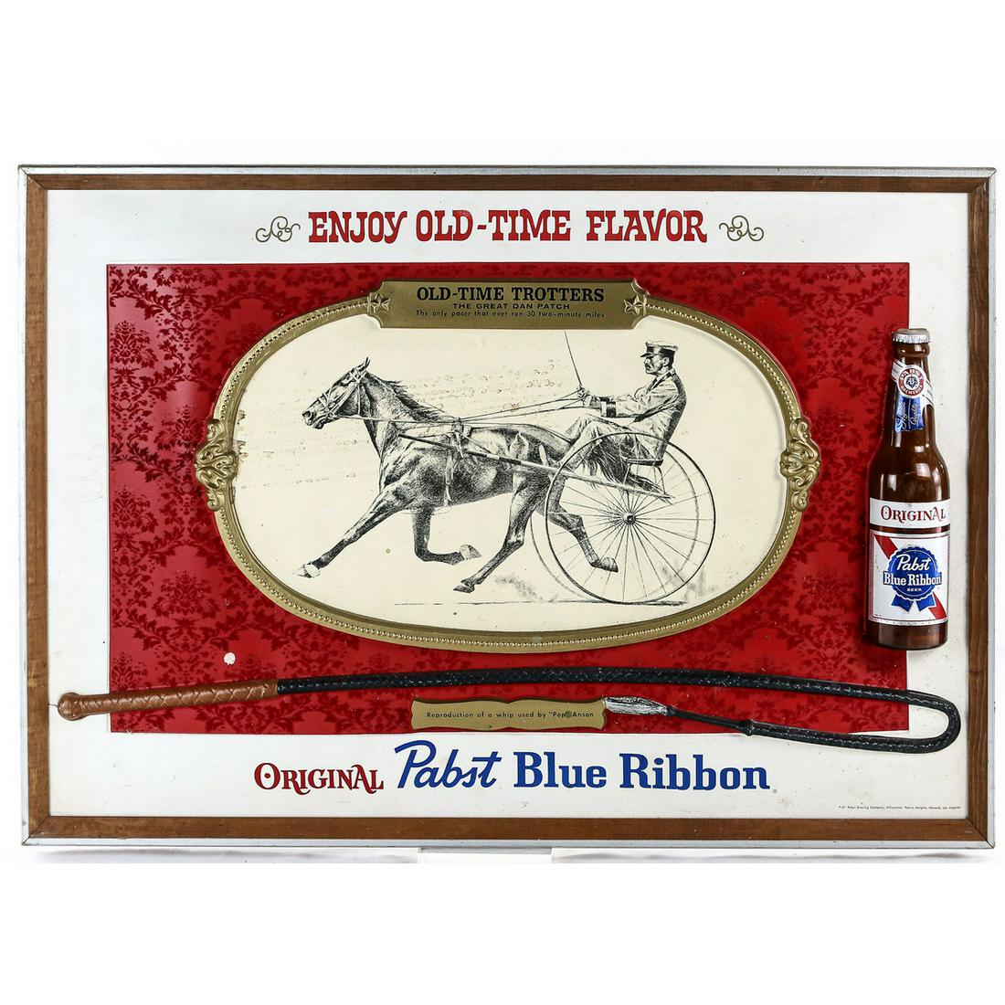 Pabst Advertising Sign: Contemporary Pabst Blue Ribbon beer sign featuring Old Time Trotters. All plastic construction. Measures 20.5" tall, 29.5" wide.