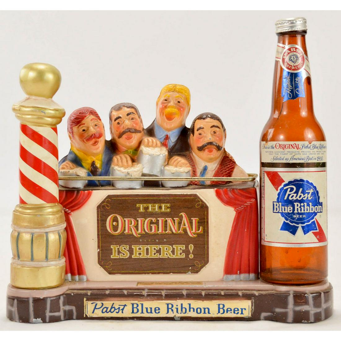 Pabst Beer Bottle Advertising Stand Display: Vintage Advertising Pabst Beer Character Bottle Stand Bar Display, Vintage metal bar display advertising Pabst Blue Ribbon Beer, depicting a barbershop quartet next to a barber pole, overall good cond