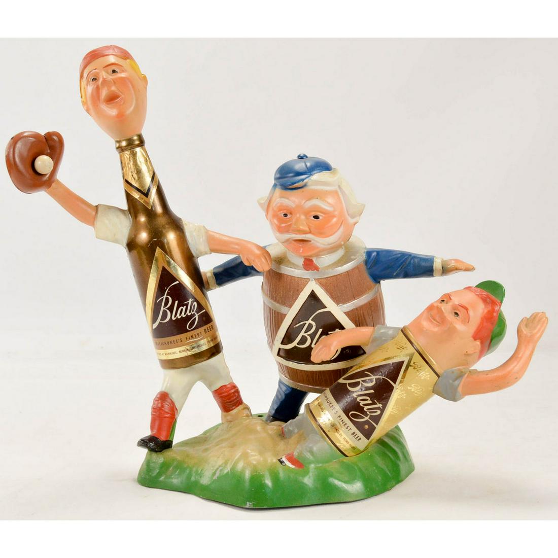Blatz Beer Baseball Theme Advertising Display: Vintage Advertising Blatz Beer Bar/Saloon Baseball Theme Display, Vintage metal bar display advertising Blatz Beer, a baseball theme, three men at home plate, the bottle catcher, the barrel umpire and