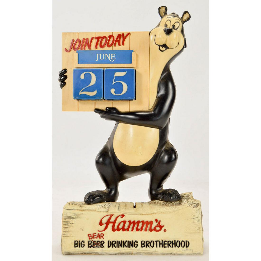 Antique Advertising Hamm's Calendar Bank Display: Antique Advertising Hamm's Calendar Bank, Bar, Saloon Display, Vintage character advertising calendar bar display with all the date inserts, this one is also a coin bank or raffle token bank, missing 