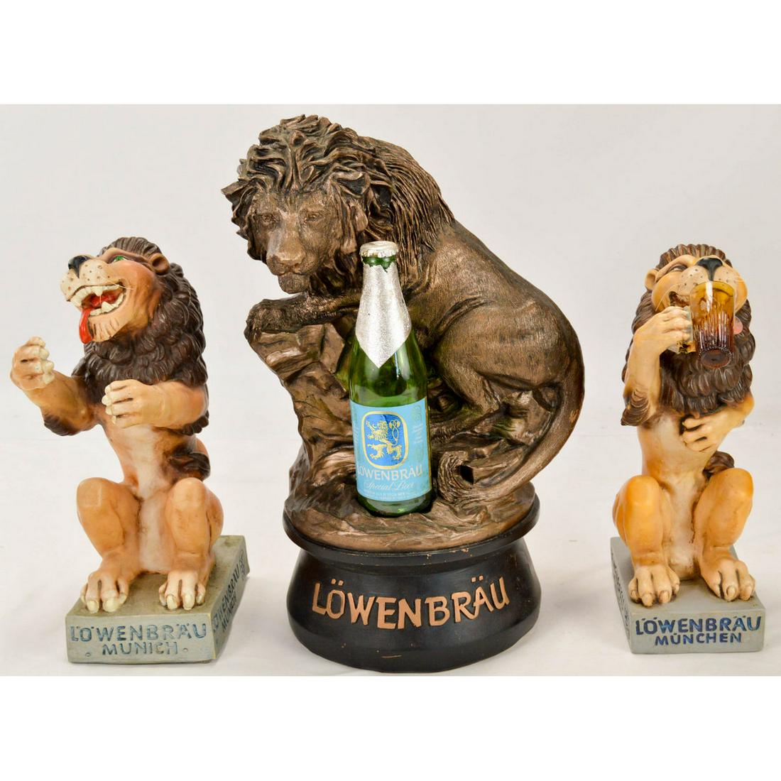 Lot of 3 Vintage Advertising Lowenbrau Bar Display: Lot of 3 Vintage Advertising Lowenbrau Bar/Saloon Displays, Lot of 3 vintage chalk bar displays, first a realistic style lion on a cliffs edge overlooking his empire and a bottle of Lowenbrau, real or