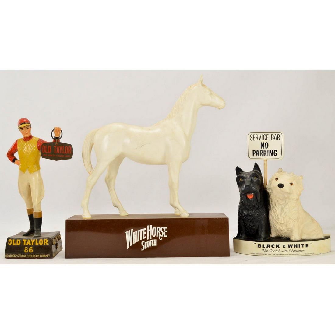 Lot of 3 Vintage Advert Old Taylor Black & White: Lot of 3 Vintage Advertising Old Taylor Black & White White Horse Bar/Saloon Displays, Lot of 3 vintage character advertising displays, first jockey style character display advertising Old Taylor Whis