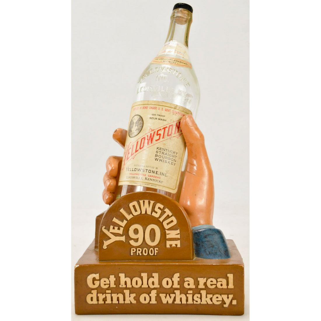 Yellowstone Whiskey Bar Advertising Display: Antique Advertising Yellowstone Whiskey Bar/Saloon Display, Vintage bar display advertising Yellowstone Whiskey with the original embossed glass bottle with paper label, majority of the time the bottl