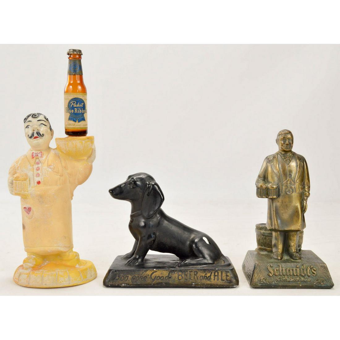Lot of 3 Vintage Beer Advertising Bar Displays: Lot of 3 Vintage Beer Advertising Bar/Saloon Displays, Lot of 3 vintage bar displays advertising beer, first a metal bottle holder display advertising Schmidt's Beer, missing bottle, good condition, 8