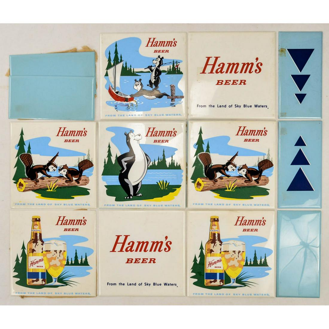 Vintage Decorative Plastic Hamm's Beer Tiles 10 Ct: Vintage Decorative Plastic Hamm's Beer Tiles 10 Ct, 10 Vintage plastic 8.5" x 8.5" decorative tiles, very colorful, many different designs, all in like new condition except for one which has a light t